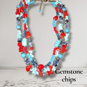 Multistrand Gemstone Chip Nugget/ Glass Coral Turquoise Bead Necklace